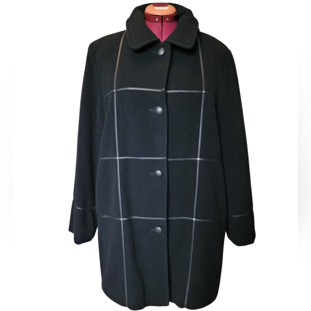 Vintage Wool Women's Black Pea Coat Genuine Leather Grid Trim Winter